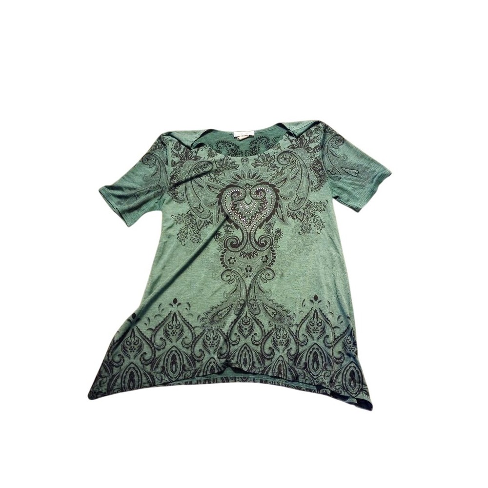 Rue Juju Small Green Paisley Heart Print Short‎ Sleeve Tunic Top Casual Everyday